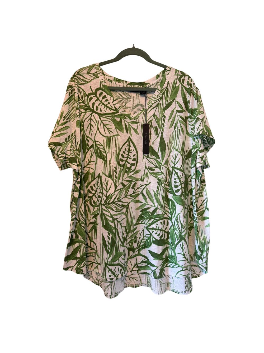 Tahari Green & White Leaf Motif Summer Cotton Top, Women's Size 3X, NWT